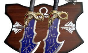 God of War Ragnarök Blue Blades of Chaos, 1:1 Full Size Metal Chain Blades, Kratos Ice-Flame Daggers, Unsharpened Collectible