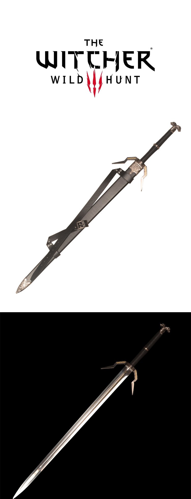 the witcher 3 wild hunt geralt twin wolf steel sword, white wolf two headed beast 1:1 full size replica, unsharpened blade with sheath for cosplay collection